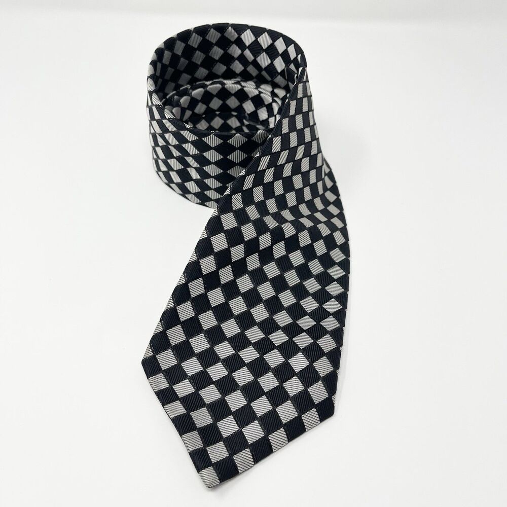 Versa Mens Checkered Silk Neck Tie Black Gray Handmade Classic Milan New York